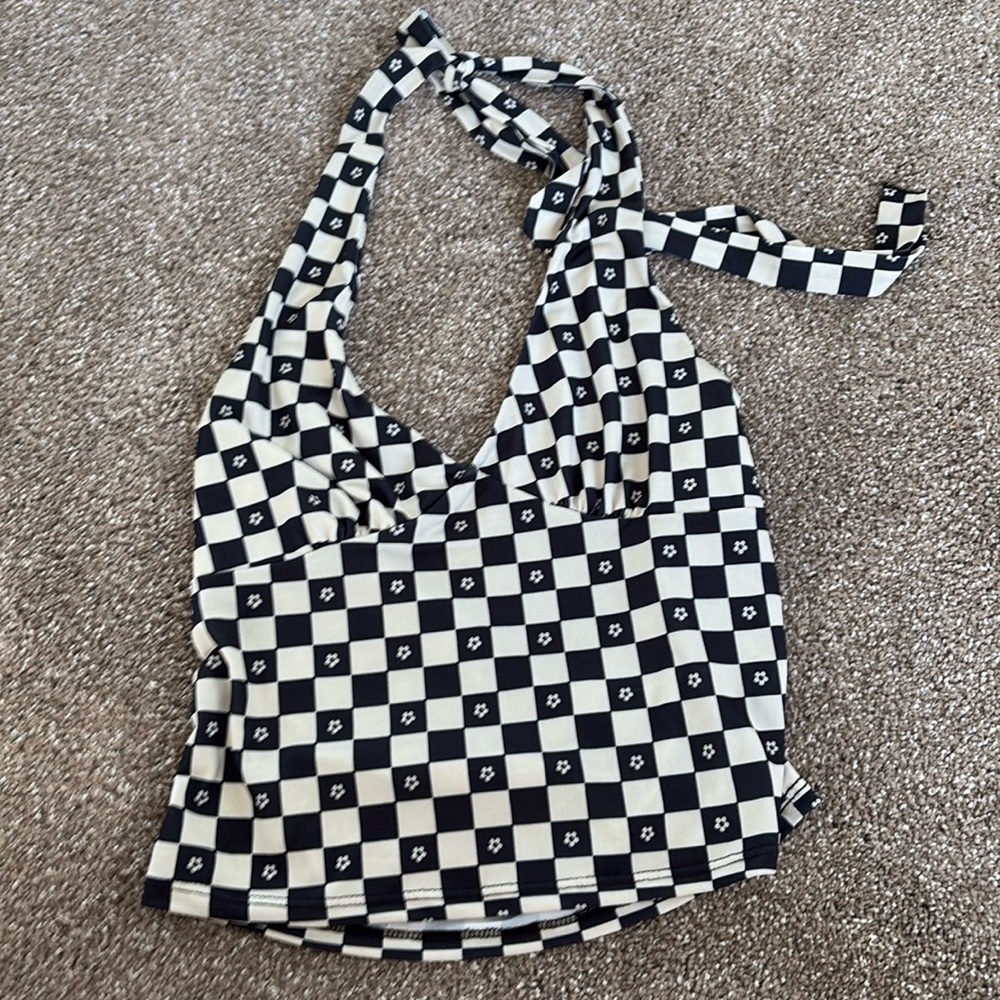 checkered tie up halter top
